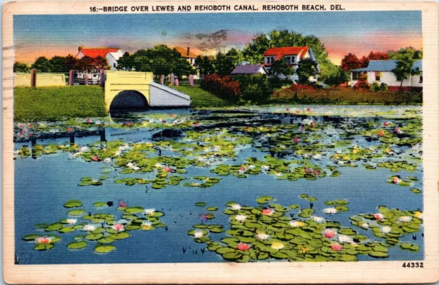 Bridge over Lewes, Rehoboth Canal, Rehoboth Beach, Delaware- 1951 Linen Postcard