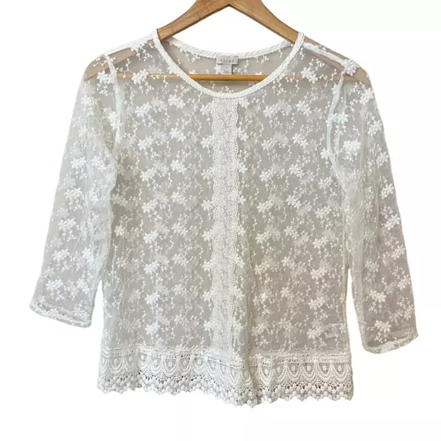 Hinge Embroidered Floral Sheer Cottage Lace Quarter Sleeve Top Womens sz S Boho