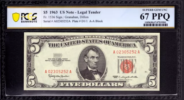 1963  $5 Legal Tender Note Red Seal Fr.1536 Aa Block Pcgs B Superb Gem 67 Ppq