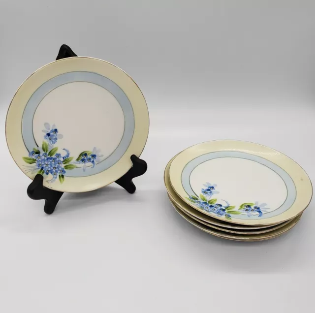 Vintage Nippon Set Of 6 Hand Painted Blue Yellow Floral Bread Plates 6.25"