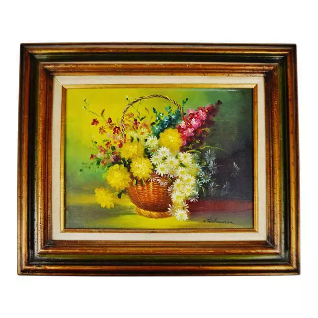 Vtg Oil on Canvas Still Life Flowers in Wicker Basket Signed