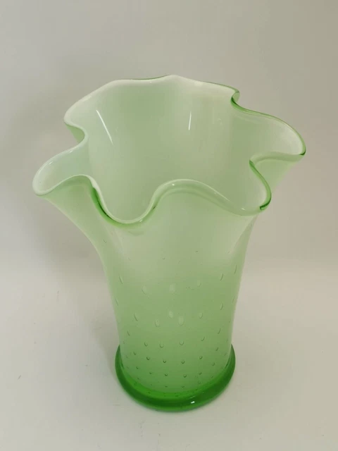 Green Hand Blown Glass Vase 8/5 Inch Tall Ruffled Rim Controlled Bubbles