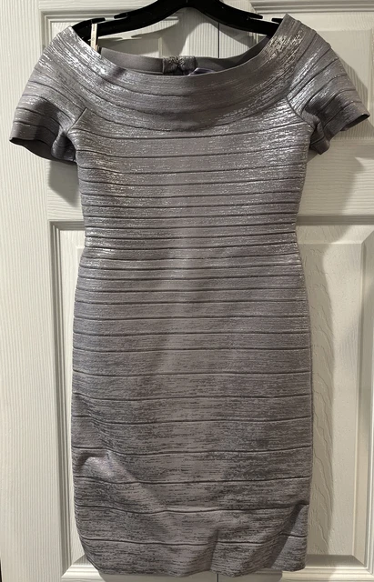 Herve Leger Carmen Bodycon Sugar Plum Metallic Dress Size M Back Zip NWT