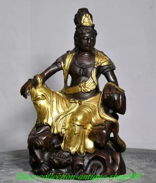 Old Chinese Bronze Gilt Seat Guanyin Kwan-Yin Goddess Boddhisattva Buddha Statue