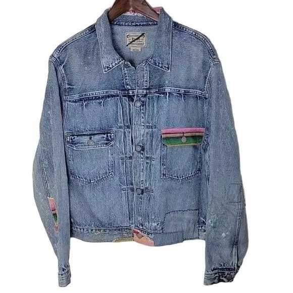 POLO Ralph Lauren Mens size XL Denim Trucker Jacket Distress SERAPE Patchwork