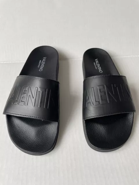 VALENTINO Logo Leather Men's Slides.