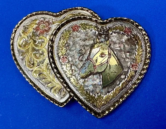 Double Heart's & Horse Head - Horse lovers cutout belt buckle marked W