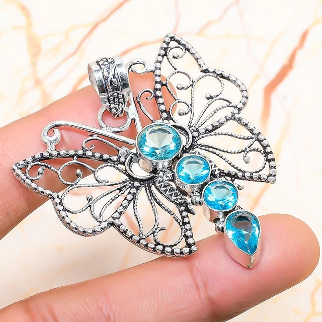Swiss Blue Topaz Gemstone Handmade Gift Jewelry Pendant 1.97" S405