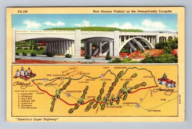 Pittsburgh PA-Pennsylvania Map Tunnels to Harrisburg c1941 Vintage Postcard