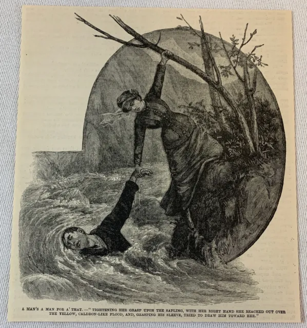 1885 Revista Grabado ~ Mujer Rescuing Hombre De Río