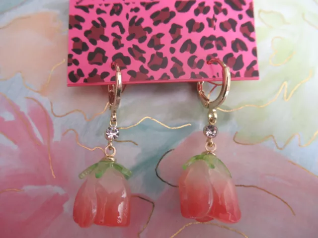 BETSEY JOHNSON BLUE or RED ROSEBUD FLOWER RHINESTONE DANGLE EARRINGS NWT