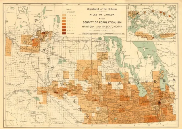 CANADA POPULATION DENSITY 1901. Manitoba and Saskatchewan. WHITE 1906 old map