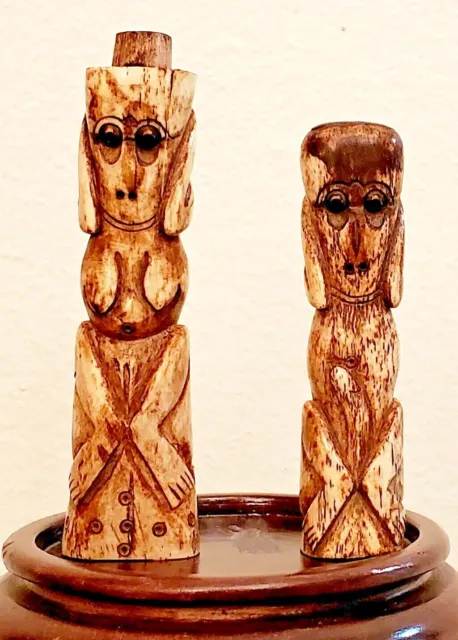 African couple old hand carved bone figurines ethnic tribal art