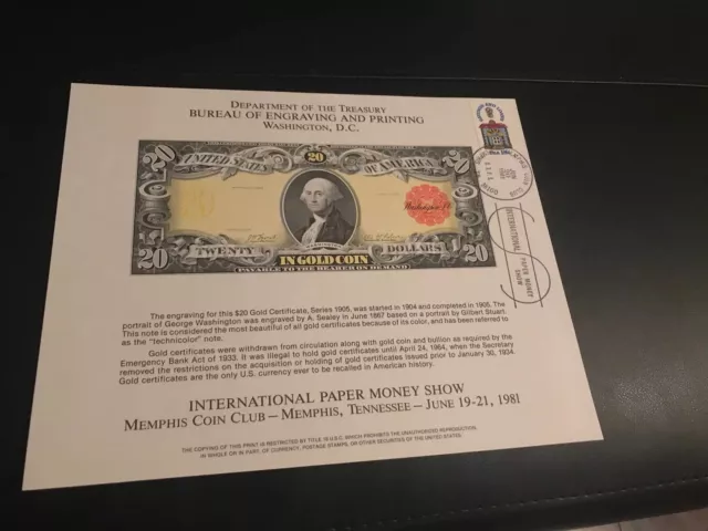 BEP souvenir IPMS 1981 face 1905 $20 Gold Certificate Show Cancelled Savings Loa
