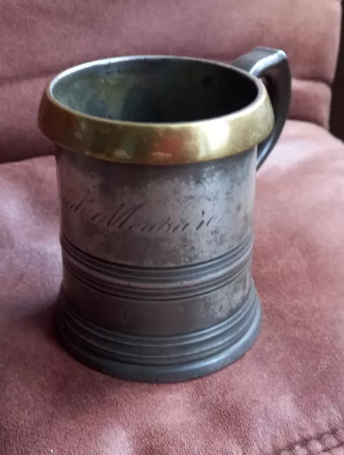 Victorian Brass Rim Pewter Tankard 1 Pint IMPERIAL MEASURE. THE PELICAN LANDPORT