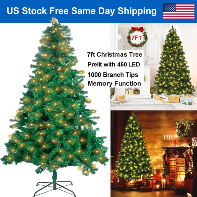 7ft Prelit Christmas Tree Artificial Pre Lit Decor Tree w/ 450 LED String Lights