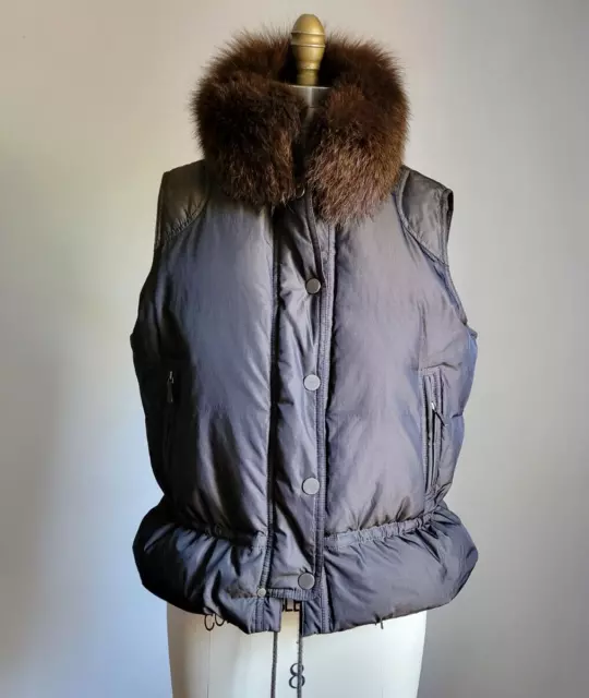 ELLEN TRACY BROWN DOWN VEST with DETACHABLE GENUINE FOX FUR COLLAR Pristine !