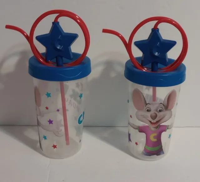 Set of 2 Chuck E. Cheese Plastic Drinking Cups Lid and Crazy Straw Birthday 2015