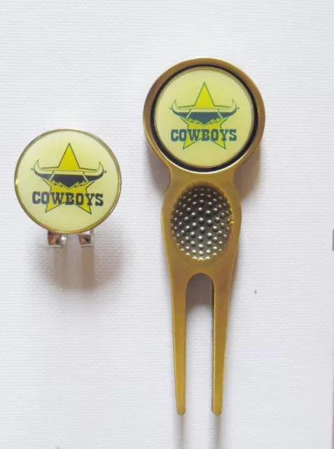 2 only NTH QLD COWBOYS  GOLF BALL MARKERS A QUALITY  DIVOT TOOL &  HAT CLIP SET