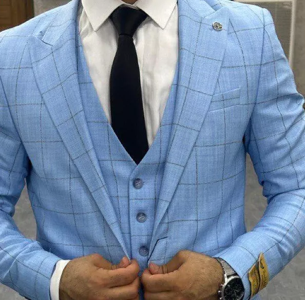 Slim Fit Herrenanzug mit Weste in Hellblau Kariert, Smoking-Anzug-Hochzeit-Bühne 2