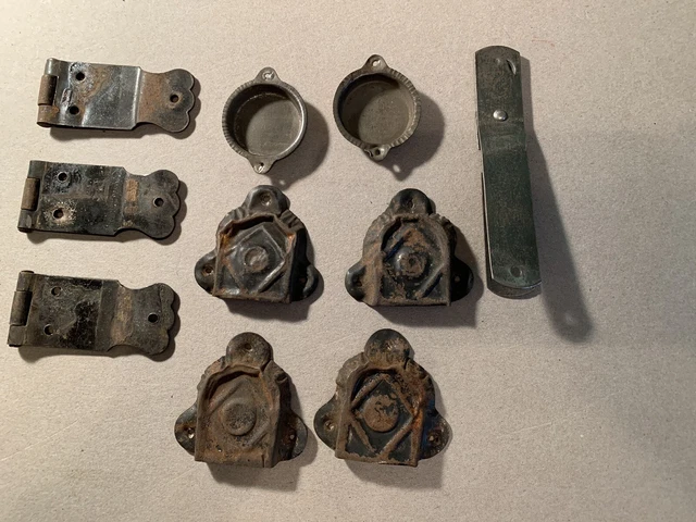 Antique Steamer Trunk parts Hardware Steel Hinges Strap covers Cup Pulls Stay