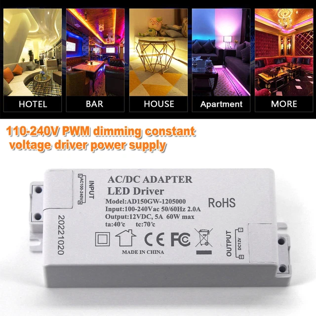 LED Driver Dimmable Power Supply 60W 5A Transformer Adapter DC 12V For LED 2023