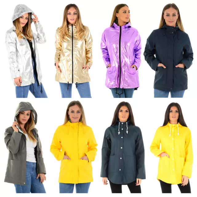 Ladies Rain Mac Womens Waterproof Festival Hooded Coat Parka Rubberised Jacket