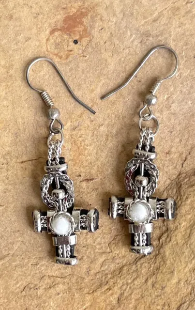 Peruvian White Glass Leather Alpaca Silver Cross Earrings Handmade Dangle Peru
