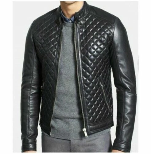 Men genuine Lambskin leather Quilted Puffer Biker Black Coat Jacket