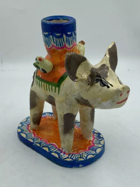 VTG Mexican Candleholder PIG Birds Folk ART Pottery Tree of LIfe Castillo