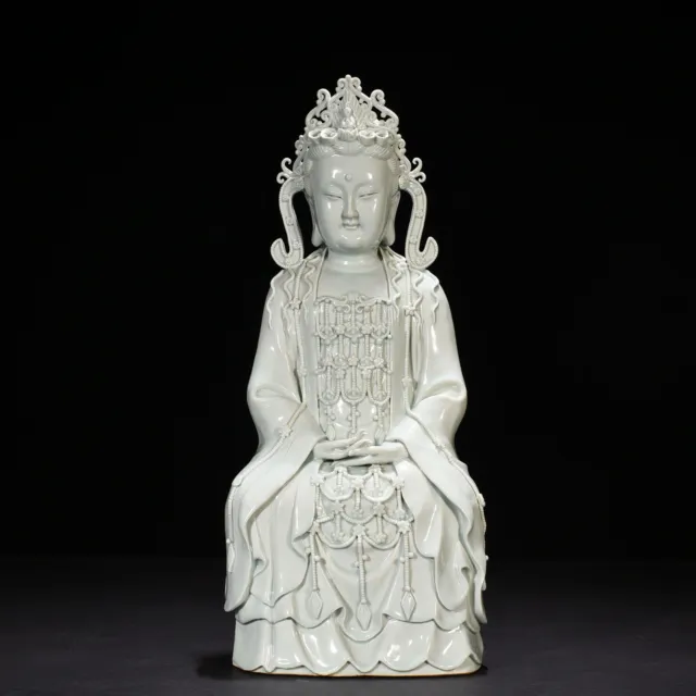 17.7" China Porcelain song dynasty hutian kiln cyan glaze guanyin Buddha statue