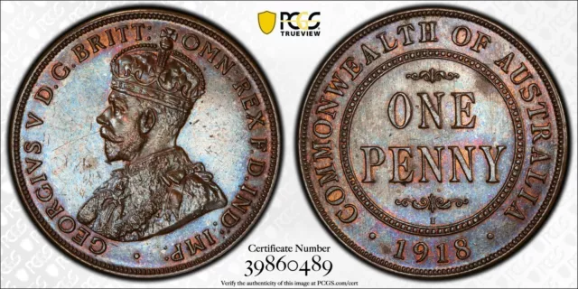 1918 I Australian Penny PCGS MS62BN UNC