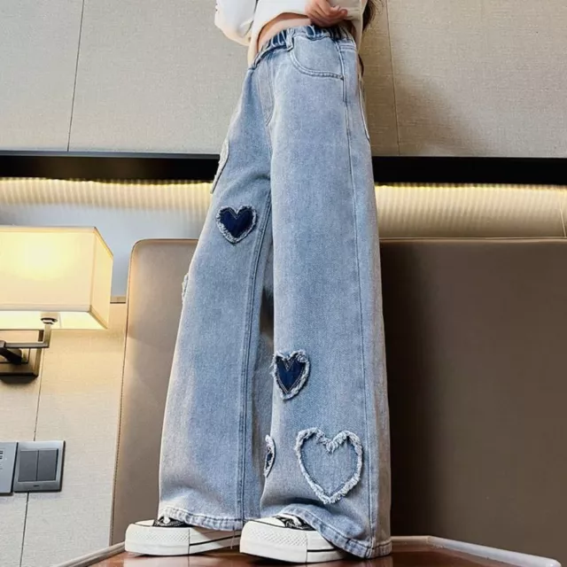 Elastic Waistband Denim Jeans Soft Heart Pattern Loose Pants  Spring and Autumn