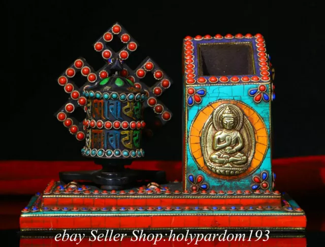 7" Old Tibet Copper Inlay Gems Buddhist Ritual Stool Prayer wheel Statue