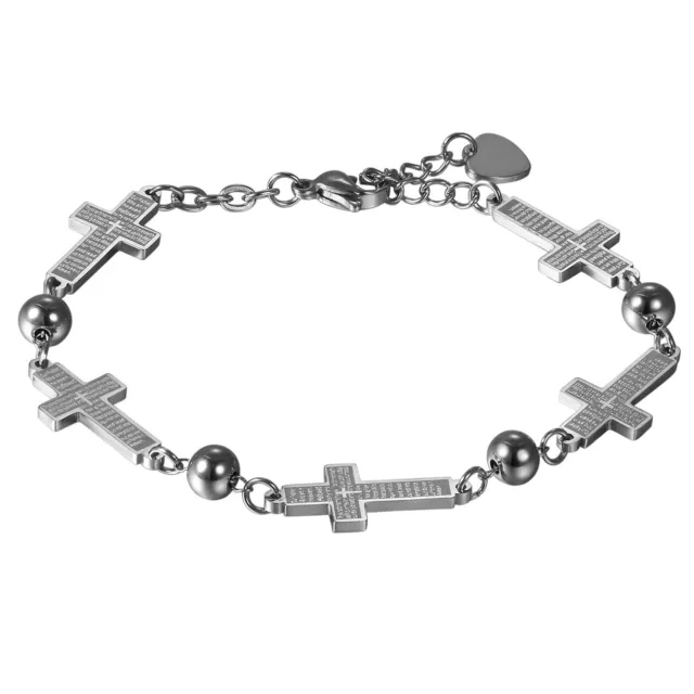 Womens Girls Stainless Steel LORD'S PRAYER Cross Charms Bracelet Link Chain Gift