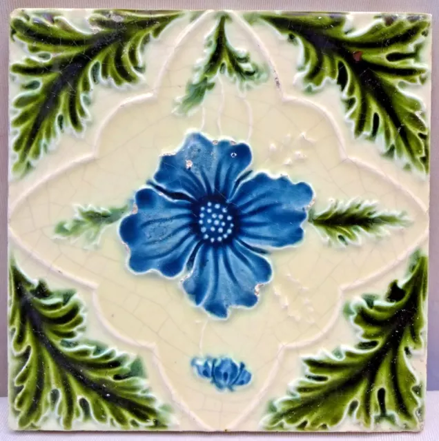 Ancien Carreau Majolique Art Nouveau England Mauve Fleurs Céramique Architectur