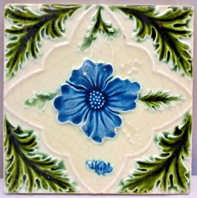 Antique Tile Majolica Art Nouveau England Purple Flowers Ceramic Architectur"138