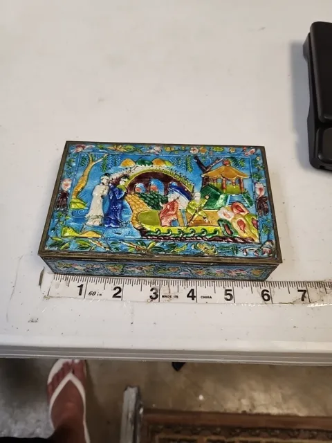 AMAZING RARE DECORATED Antique Chinese Cloisonne Enamel Box Brass 6"X3.5"