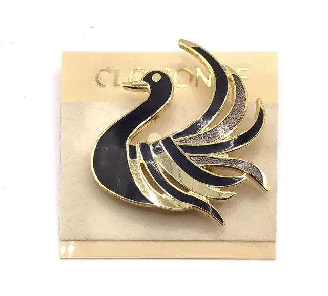 Vintage New Old Stock Bird Shaped Cloisonné Brooch Pin Swan Goose Black Gold