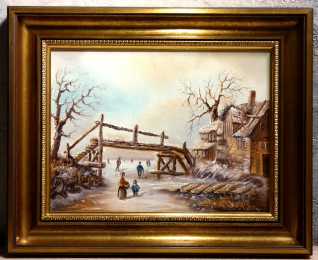 Öl Gemälde Öl Bild Holzrahmen 31 x 25 cm Winter Landschaft sign. M.Hölter