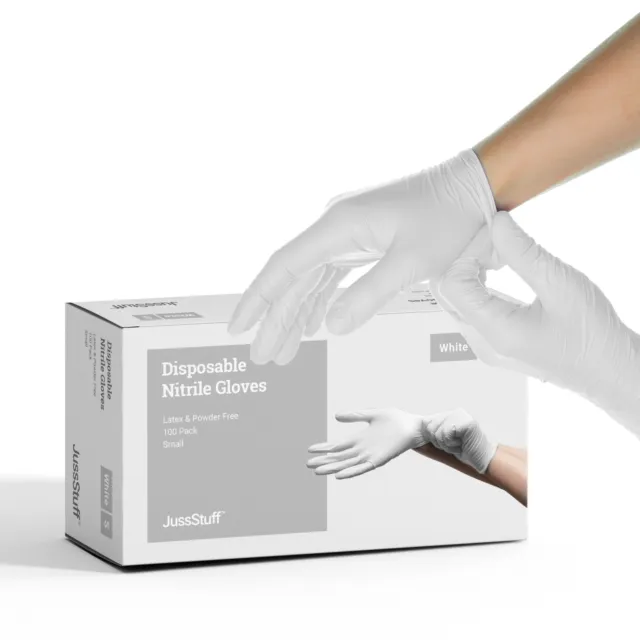 JussStuff Nitrile Exam Latex Free & Powder Free Gloves - White - 100pcs (Small)