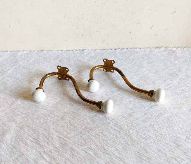 1920s Vintage Victorian Ceramic Knobs Ornate Brass Wall Hanger Hook 2 Pcs M322 5
