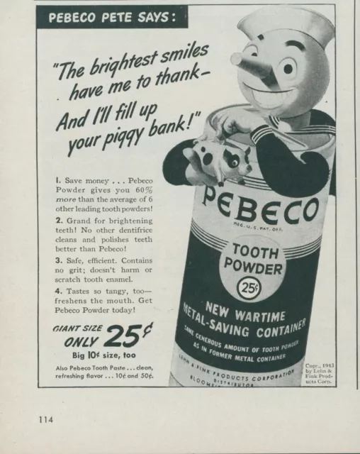 1944 Pebeco Tooth Powder Anthropomorphic Can Pete Piggy Bank Vtg Print Ad L28