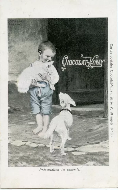 Carte Postale / Publicitaire Chocolat Vinay Presentation Des Ennemies Chat Chien