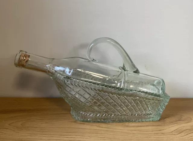 Vintage Glass Wine Bottle In Basket Decanter Pourer With Handle Cork Retro VGC