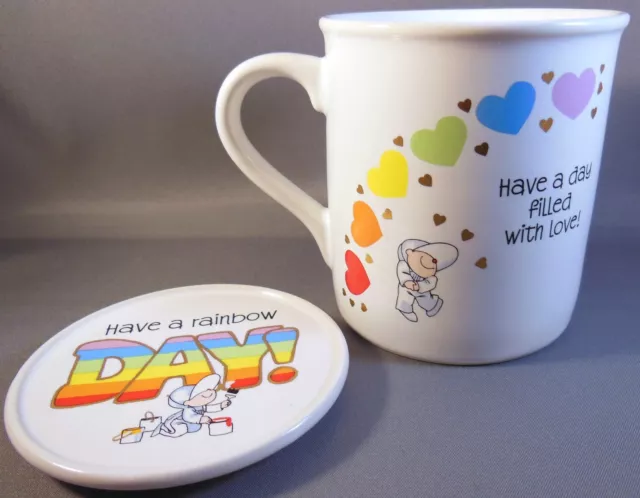 Vintage Hallmark Mug Mates Rainbow Love Tea Coffee Cup Coaster Lid Valentine