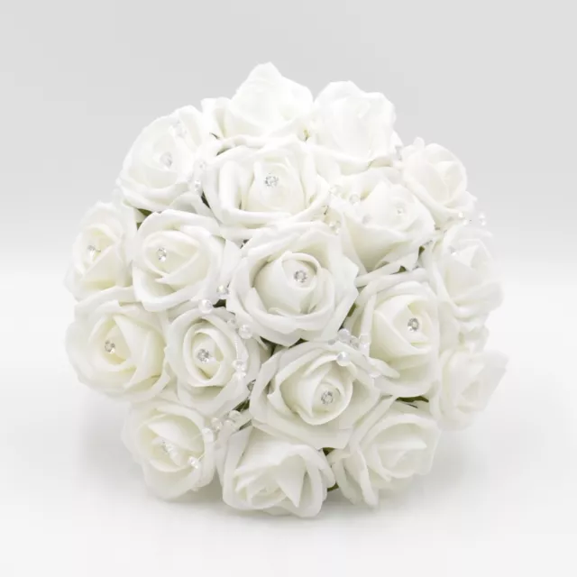 Artificial Wedding Flowers Bridesmaids Bouquet Posy Foam Roses White Diamante