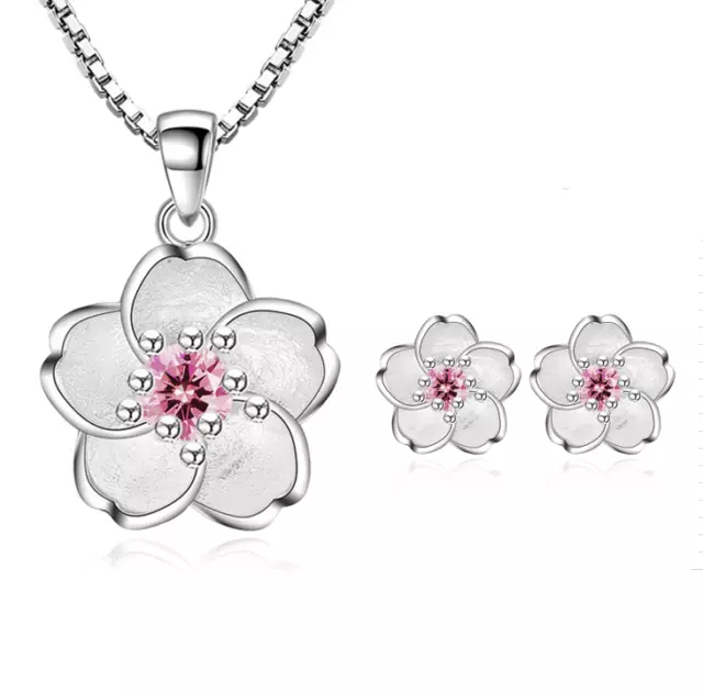925 Sterling Silver Necklace Earrings Women Pink Crystal Flower Jewelry Set Gift