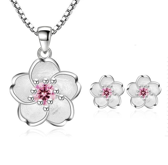 925 Sterling Silver Necklace Earrings Women Pink Crystal Flower Jewelry Set Gift