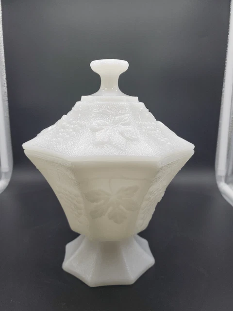 Vintage 8" Milk Glass Octagon Paneled Candy Dish with Lid - Anchor Hocking Grape